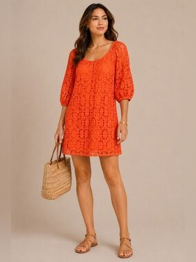 Trina Turk Orange Crochet Lace Dress Size 2 Boho Cotton Lines Resort Vacation